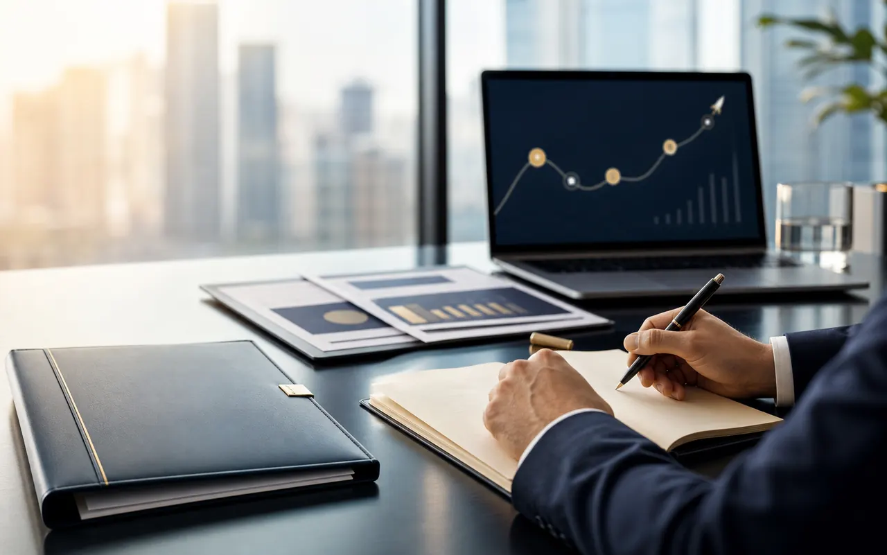 Moderner Arbeitsplatz mit Businessplan, Laptop und Gründungsfahrplan